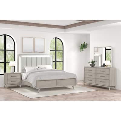 Roundhill Furniture Seluna 4-Piece Bedroom Set with Touch LED Lighting, Gray Oak Finish