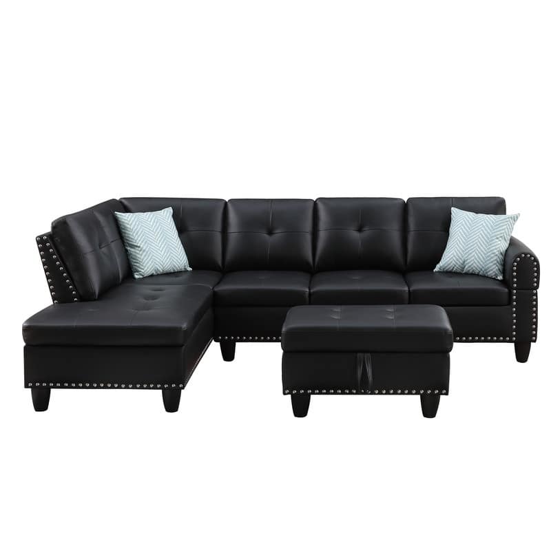 Faux Leather L-Shaped Sectional Sofa with Ottoman&Storage,4-Seater with Cup Holders
