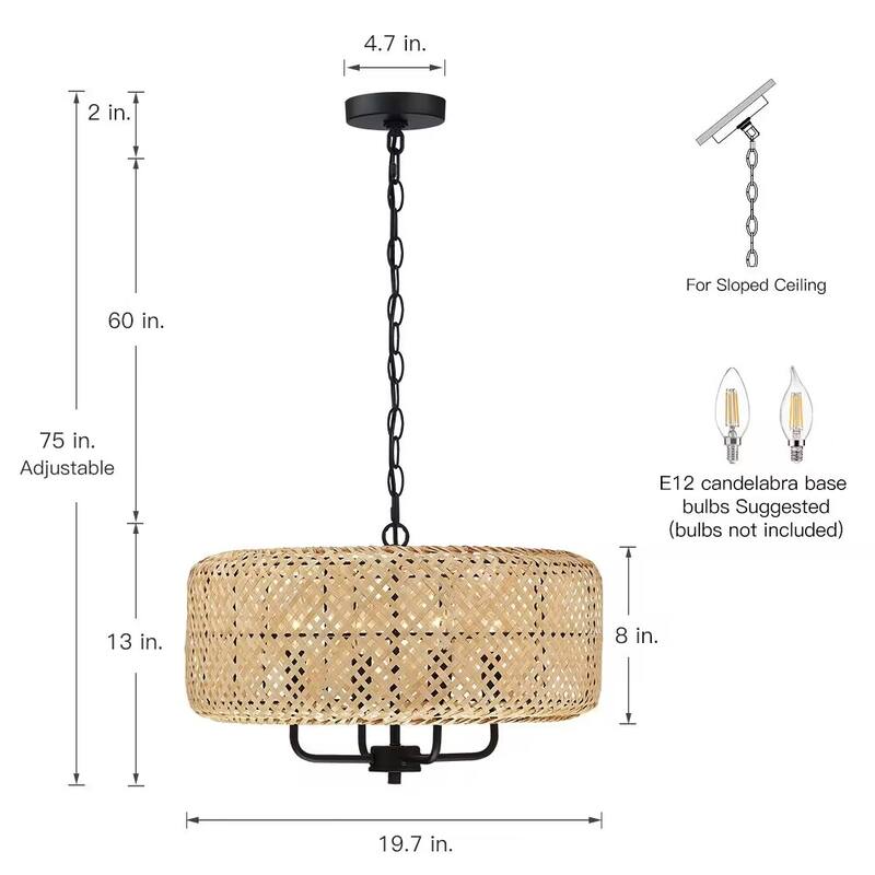 4-Light Bohemian Bamboo Drum Chandelier - Black/Wheat - 19.7 in. W