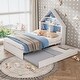 preview thumbnail 3 of 7, White+Blue Full Size House Bed with Bookcase Headboard and LED Light for Kids