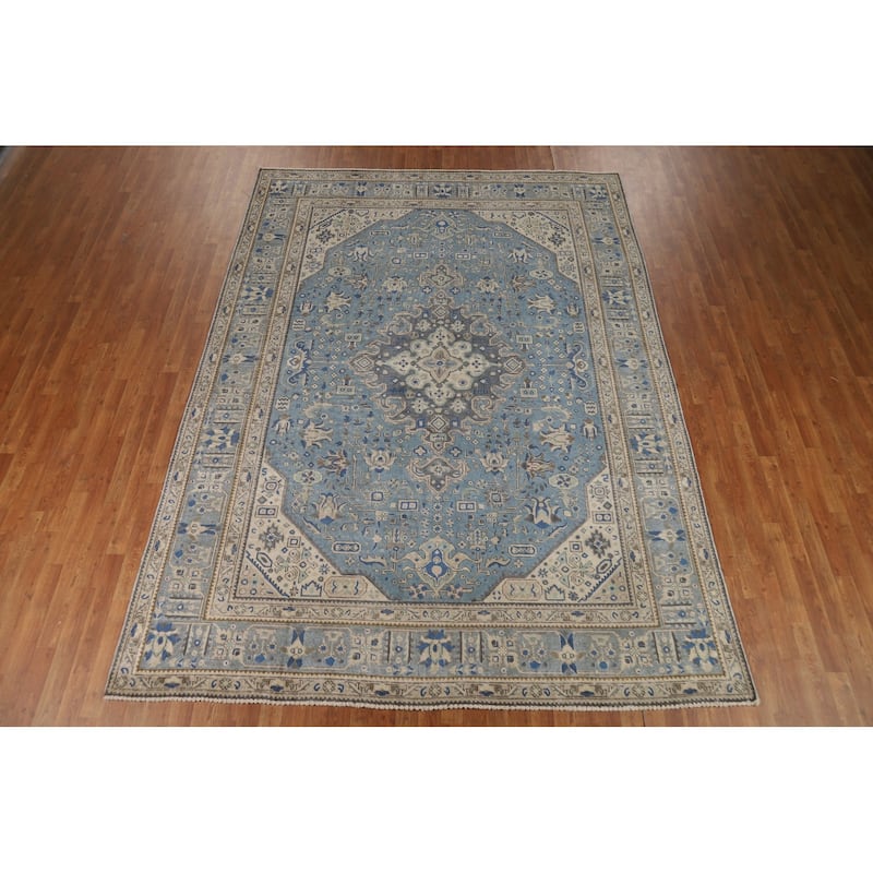 Tabriz Persian Area Rug Handmade Geometric Blue Wool Carpet - 8'0"x 11'0"