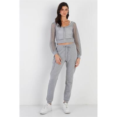 Heather Grey Contrast Fishnet ZipUp Top And Pants Set