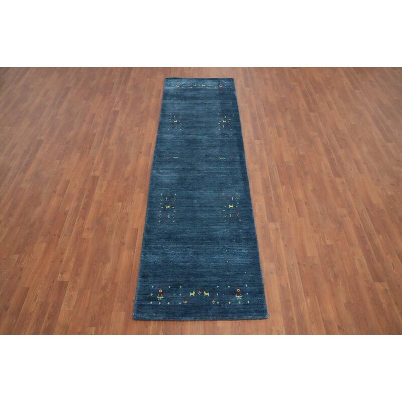Hand Knotted Oriental Viscose Silk Carpet Tribal Animal Pictorial Navy Blue & Blues Gabbeh Runner Rug - 9' 8'' X 2' 10''