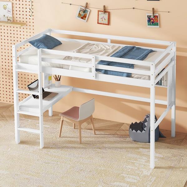slide 2 of 26, Twin Loft Bed with Desk,Bookcase White