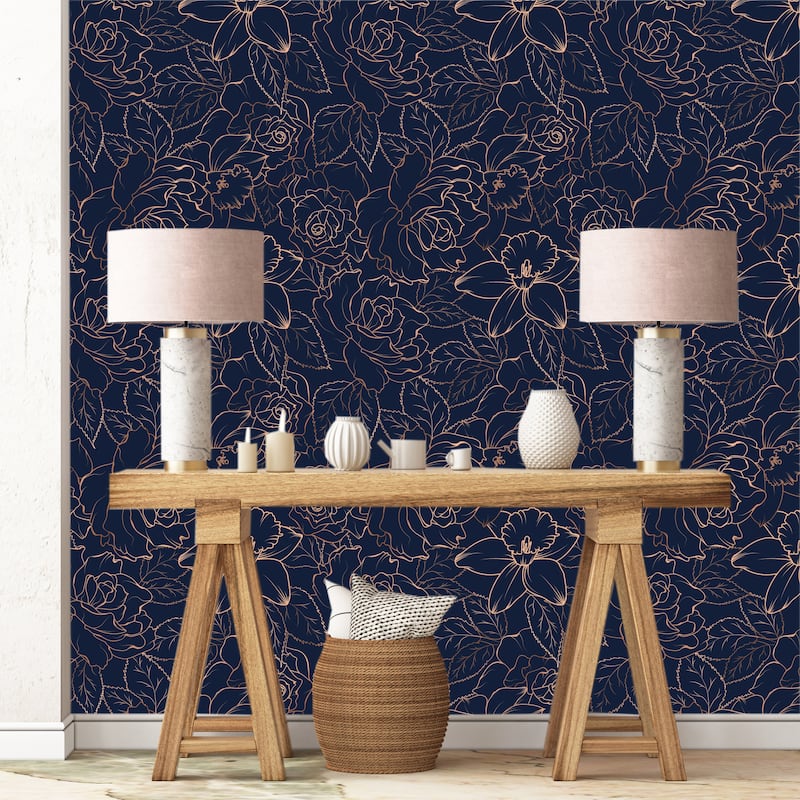 Dark Navy Blue Daffodil Blossom Peonies Removable Wallpaper - 24'' inch x 10'ft