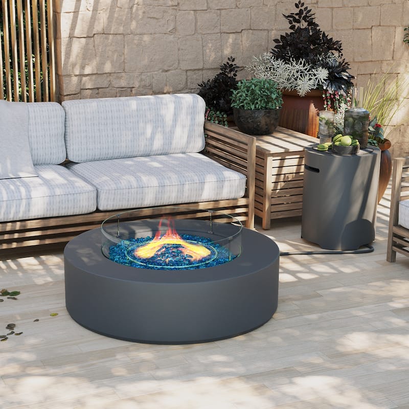 Patio Watcher 42in. Outdoor Round Magnesium Oxide Fire Pit Table with Gas Tank Cover and Wind Guard - Gray