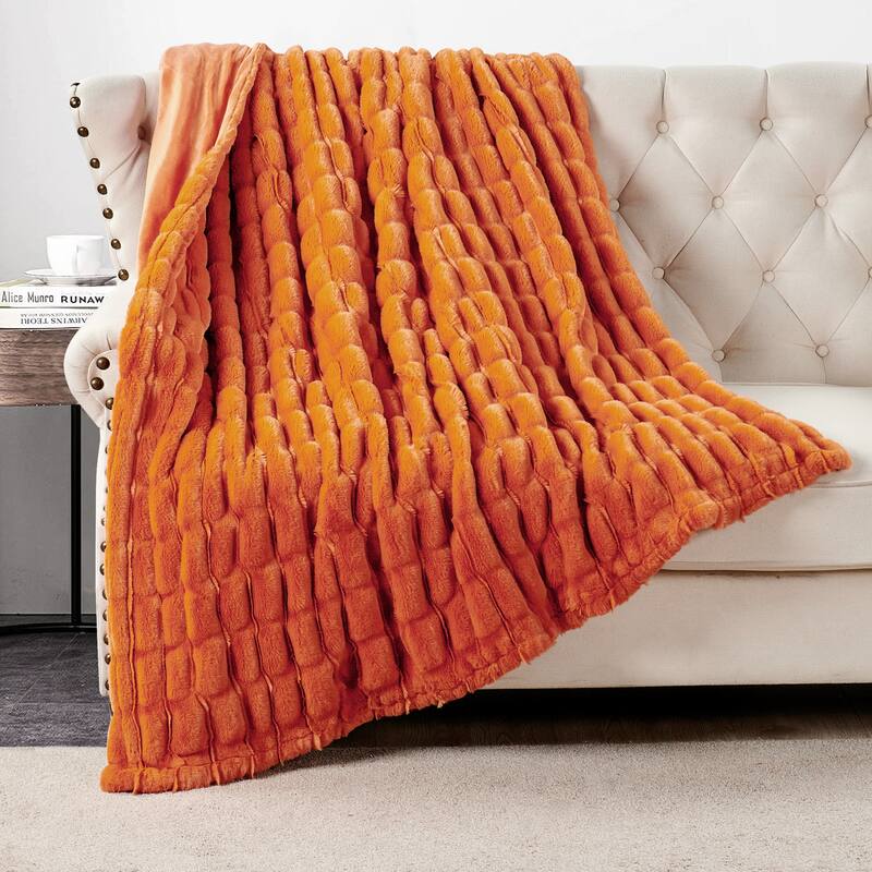 Home Soft Things Stretchy Solid Color FauxFur Throw Cozy Soft Blanket - 50" x 60" - Burnt Orange