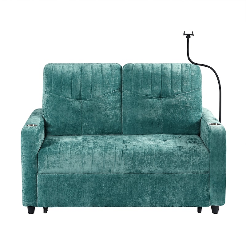 53.9" Chenille Convertible Loveseat with Pull-Out Bed, 3 USB Ports, and Smart Storage
