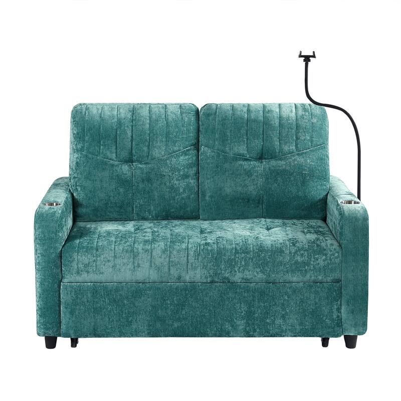 Chenille Loveseat Convertible Pull-out Sleeper Sofa Bed, Tufted Couch w2 Cup Holders Phone Holder & 3 USB Ports, Pockets