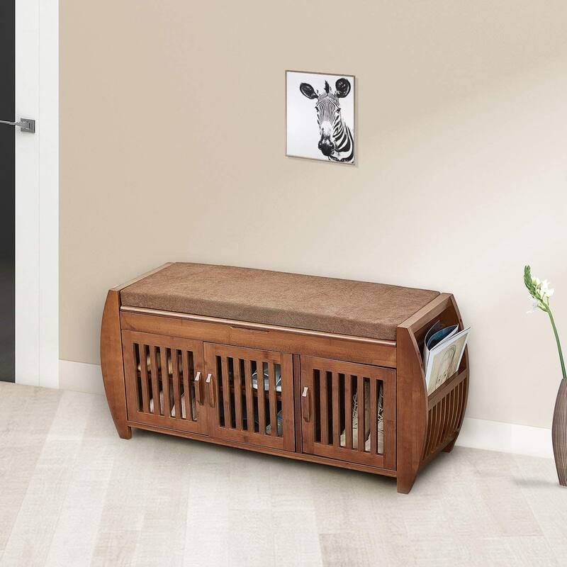 Bamboo Shoe Storage Bench with Storage Space and Padded Seat Cushion, for Entryway, Living Room, Bedroom, Brown