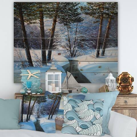 Designart 'Christmas Forest With River and Trees III' Traditional Print on Natural Pine Wood