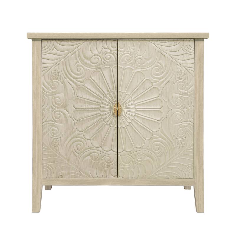 Roomfitters Accent Cabinet, Carved 2 Door Storage Cabinet Buffet Sideboard with Adjustable Shelf, Natural