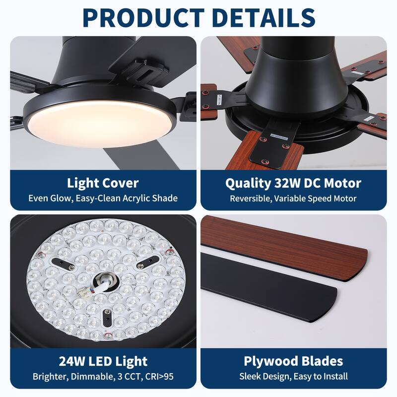 Sofucor 52 Inch Low Profile Flush Mount 5 Blades Ceiling Fan with Dimmable Light and Remote Control - 52 Inches