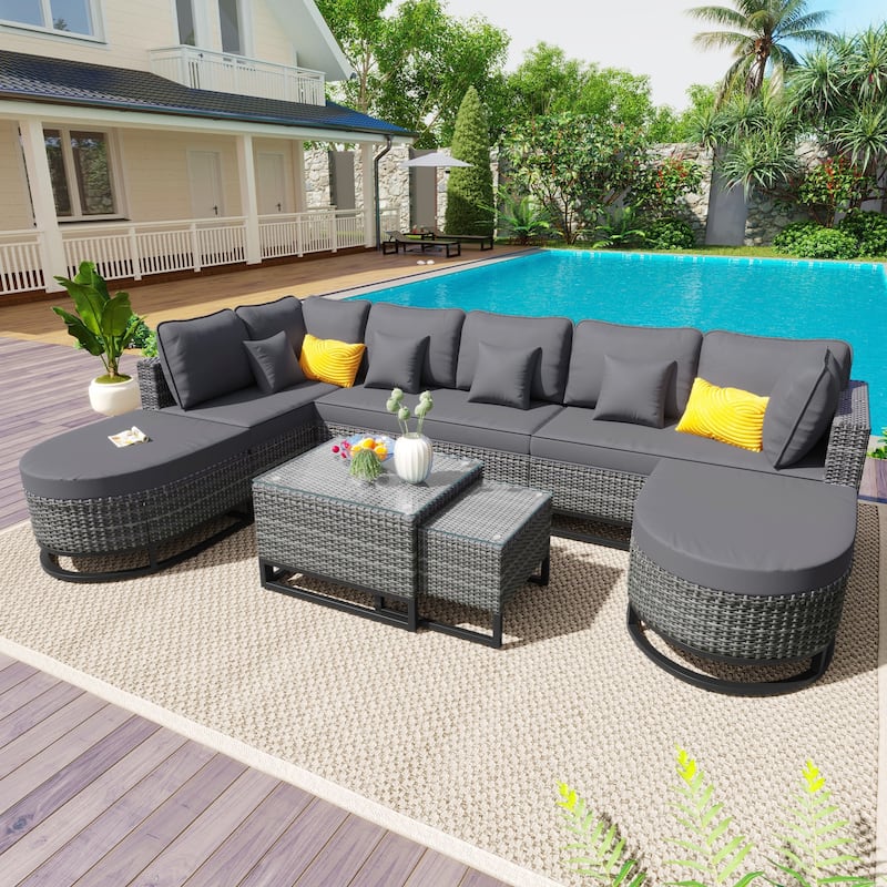 7 Pieces Outdoor Wicker Sofa Set, Rattan Conservation Sectional Free Combination Set, Patio Furniture Sets with Coffee Table - Grey