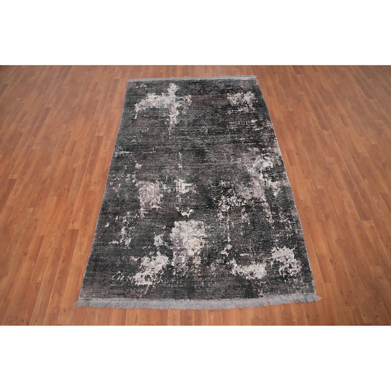 Hand Knotted Oriental Viscose Silk Carpet Modern All-Over Greys & Charcoal Abstract Area Rug - 8' 0'' X 4' 11''