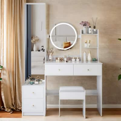 Vanity Set w/ 3-Color Light, Full Body Mirror Cabinet, Cushioned Stool
