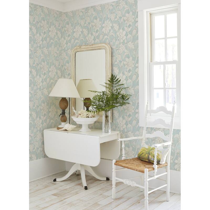 Chesapeake Plumeria Aqua Floral Trail Wallpaper