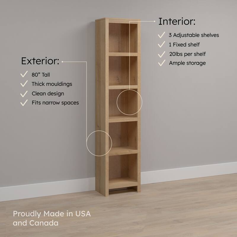 Prepac Moda 80" H 5-Tier Narrow Bookcase, Modern Storage Accent Bookshelf with 3 Adjustable Shelves for Home Office, Living Room