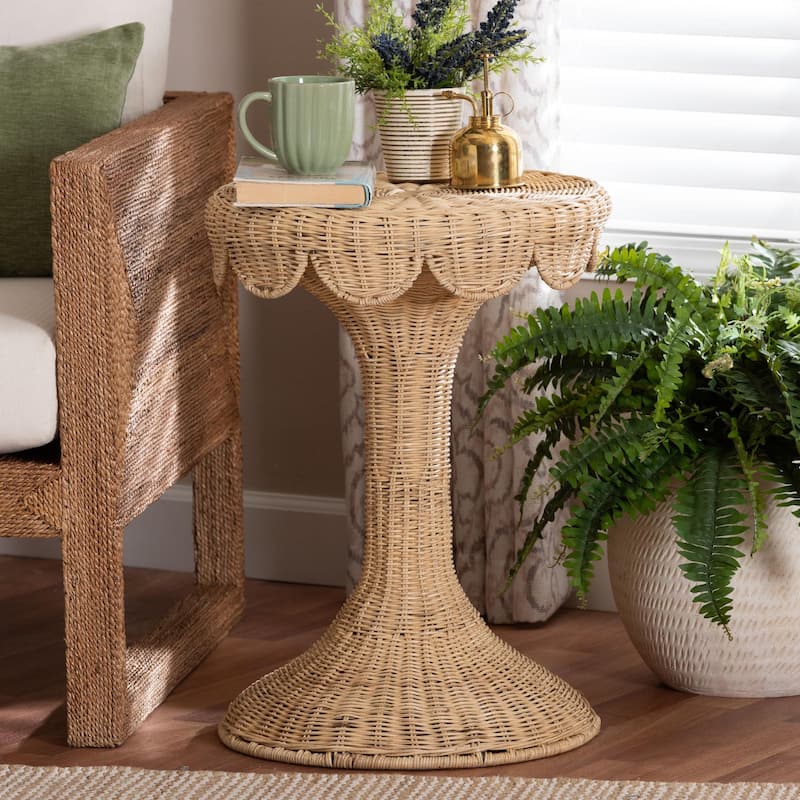 Natala Rattan End Table - Handwoven Wicker Tulip Accent Table, Scalloped Edge Side Table for Living Room