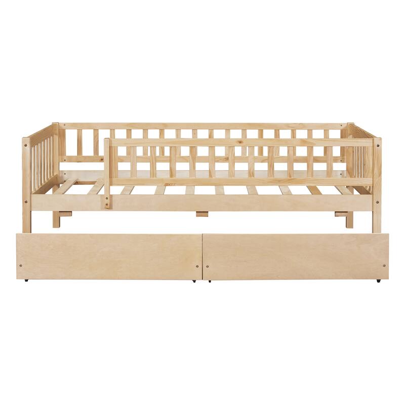 Twin Size Daybed Wood Storage Bed with Pull-out Drawers and Fence