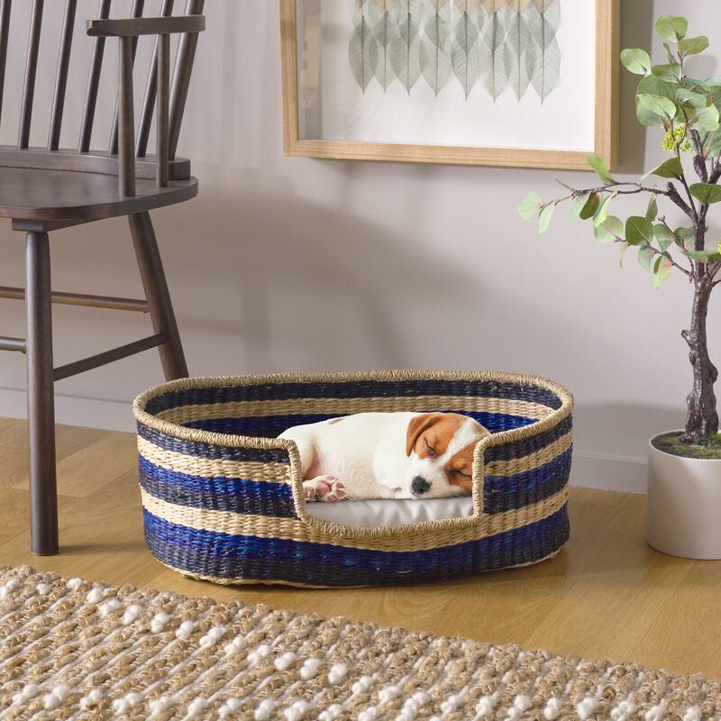 SAFAVIEH Home Elyon 19.7W x 11.8D x 6.3H-inch Beige/Natural/Black/Blue Seagrass Pet Bed with Cushion - 19.7"W x 11.8"D x 6.3"H