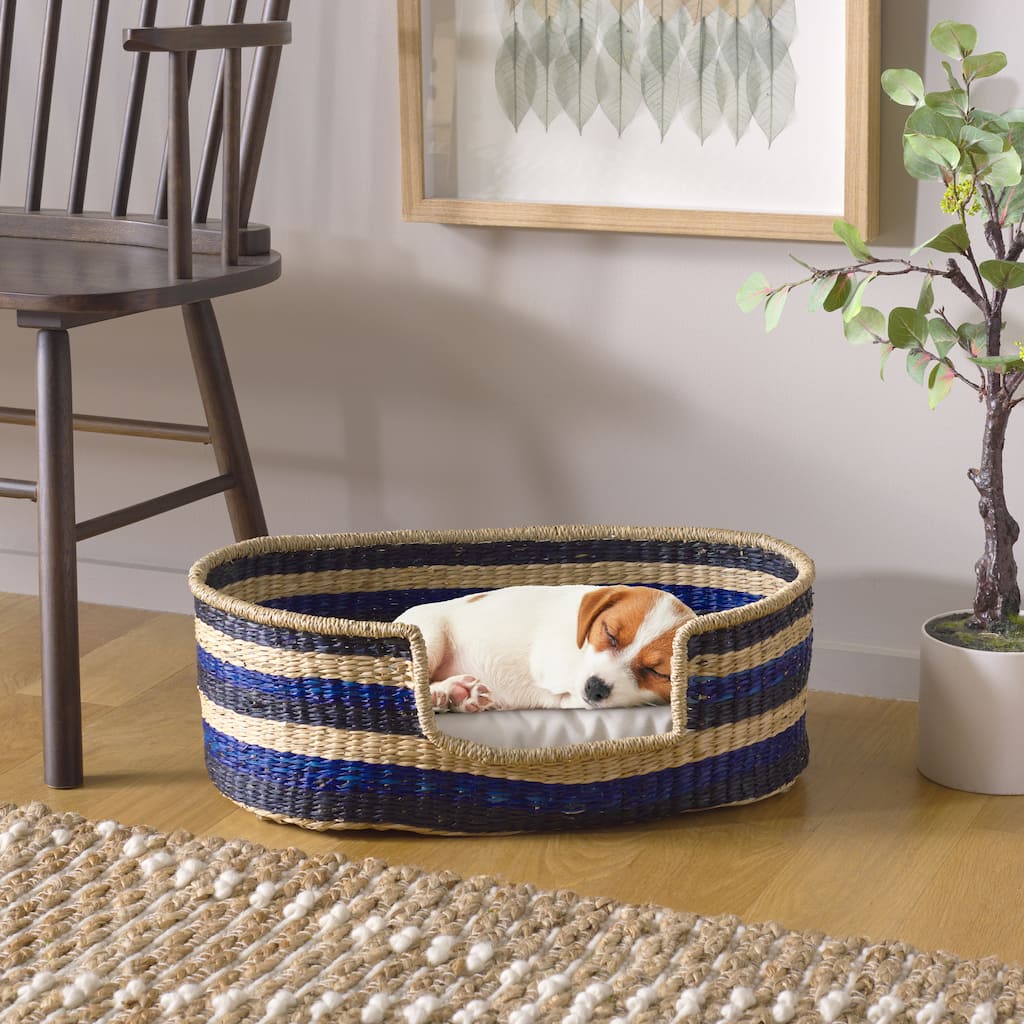 SAFAVIEH Home Elyon 19.7W x 11.8D x 6.3H-inch Beige/Natural/Black/Blue Seagrass Pet Bed with Cushion - 19.7"W x 11.8"D x 6.3"H