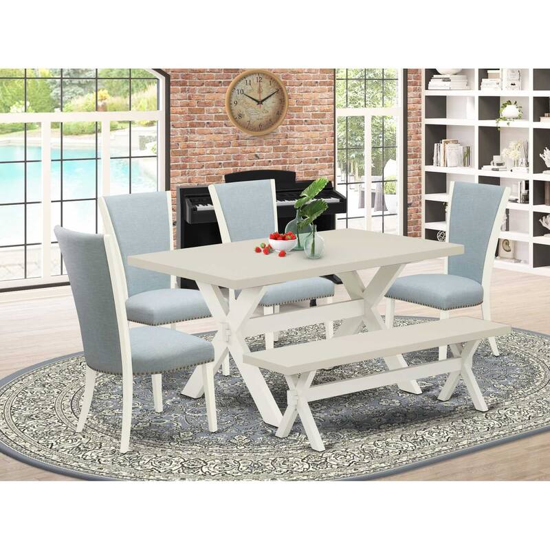 HomeStock 6-Piece Rectangle Natural Oak Finish Solid Wood Top Dining Table with 1-Bench, 4-Chairs