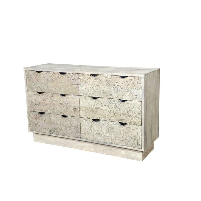 HomeRoots 57" Gray Carved Geometric Solid Wood Six Drawer Dresser