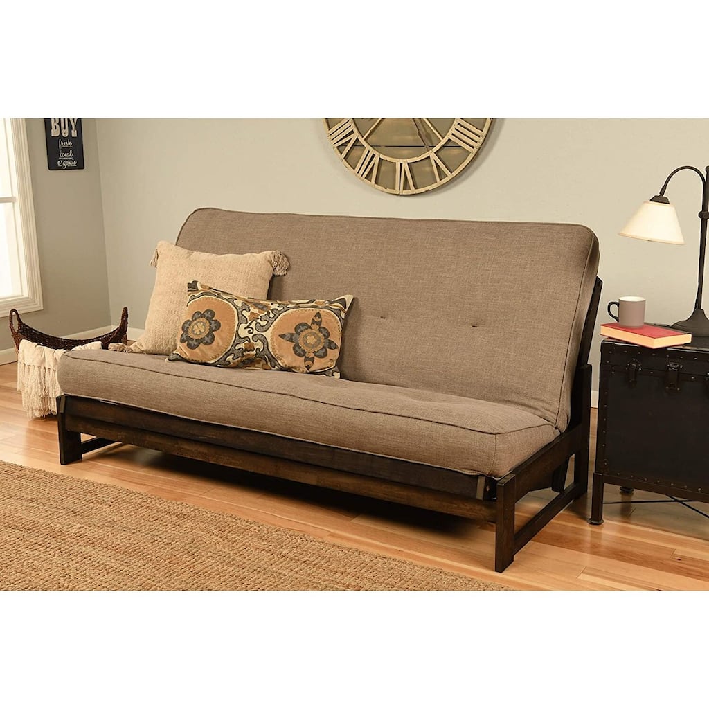 Mid-Century Futon Frame with Mattress - Full Size Convertible Sofa Bed, Reclaimed Mocha Finish, Space Saving Design