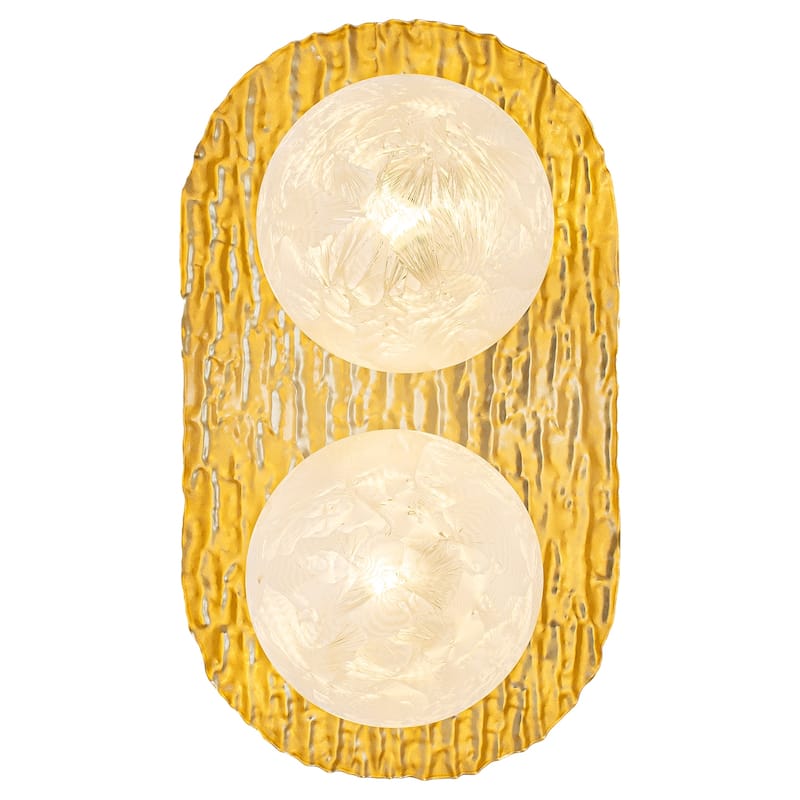 2-Light Textured Gold Metal Wall Sconce Frosted Crackled Glass Globe