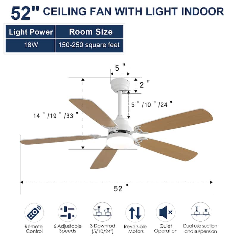 52 Inch Indoor Ceiling Fan with LED Light, 6-Speed Quiet DC Motor, 5 Blades, Dual-Color Design, Remote Control