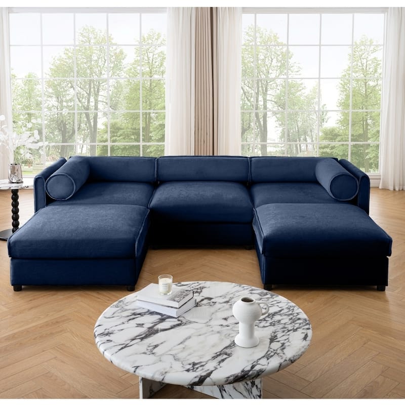 Modern 3-seater Chenille Sectional Sofa with Hidden Storage Seats & Ottoman
