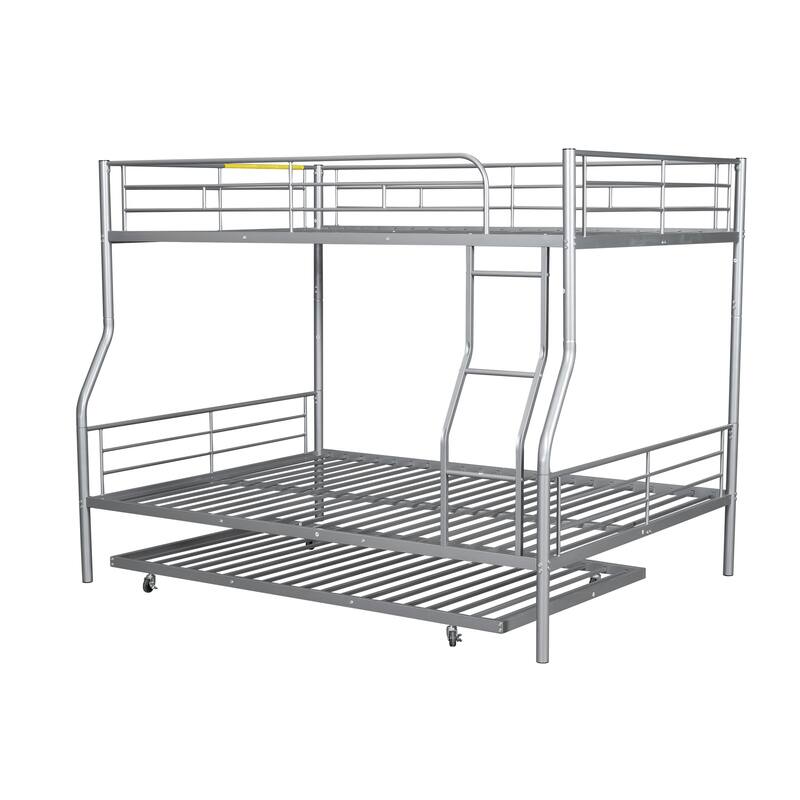 Metal Bunk Bed with Trundle and Guardrail, Convertible to Two Beds