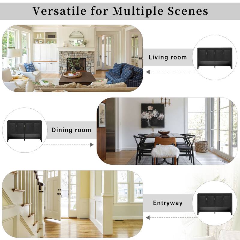 Roomfitters Sideboard Buffet Cabinet with 4 Door Mid-century Modern Geometric Storage and Open Shelf for Kitchen & Dining