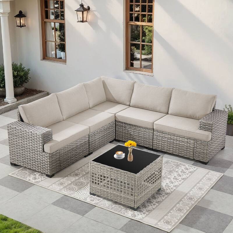 Pocassy Wicker Rattan Outdoor Sectional Sofa Patio Conversation Set - Beige Cushion - Combination 1 - Sofa with Coffee Table