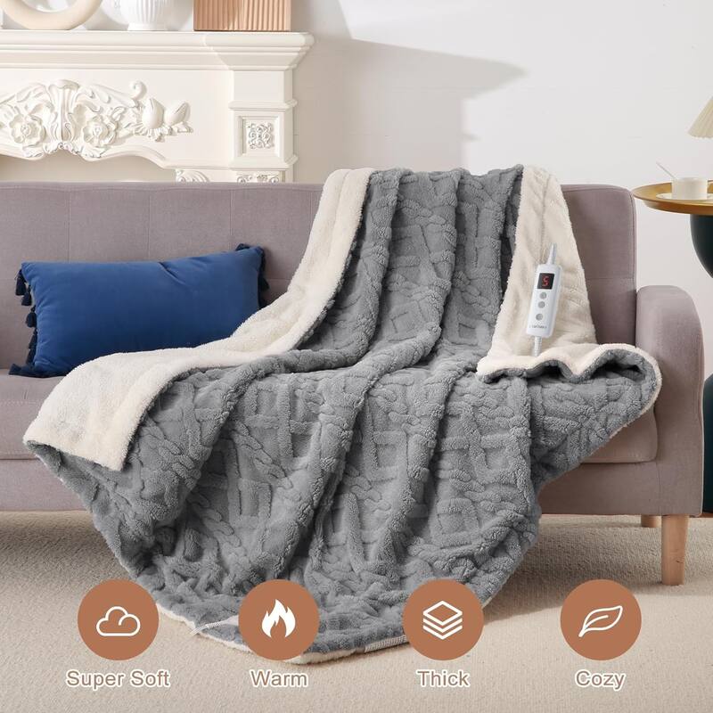 Heated Throw Blanket - Thick Tufted Sherpa Electric Blanket Throw with 10 Heating Levels and 10 Time Settings