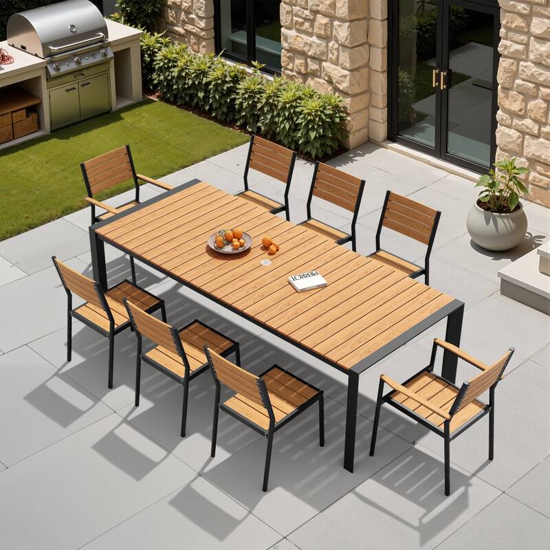9-Piece Outdoor Patio Dining Set Wood Like Table Top Aluminum Rectangular Umbrella Hole Table with Stackable Dining Chairs - Brown