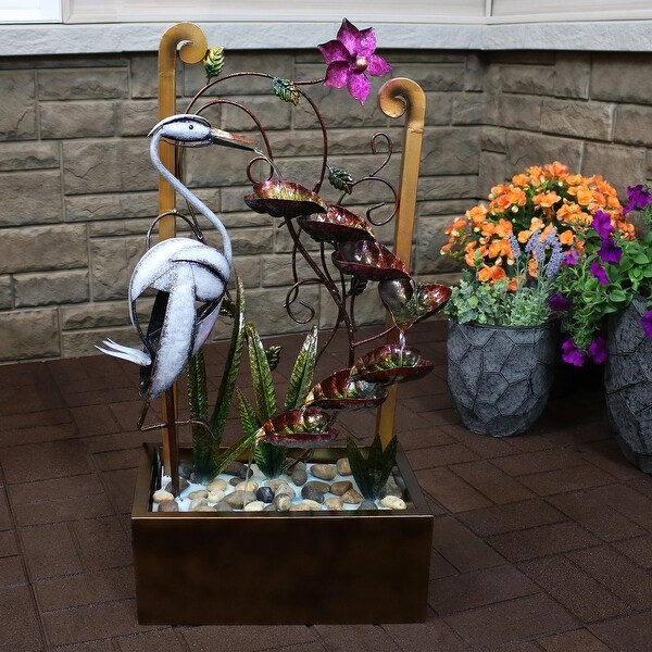 Sunnydaze Metal Crane Tiered Waterfall Outdoor Water Fountain - 33-Inch