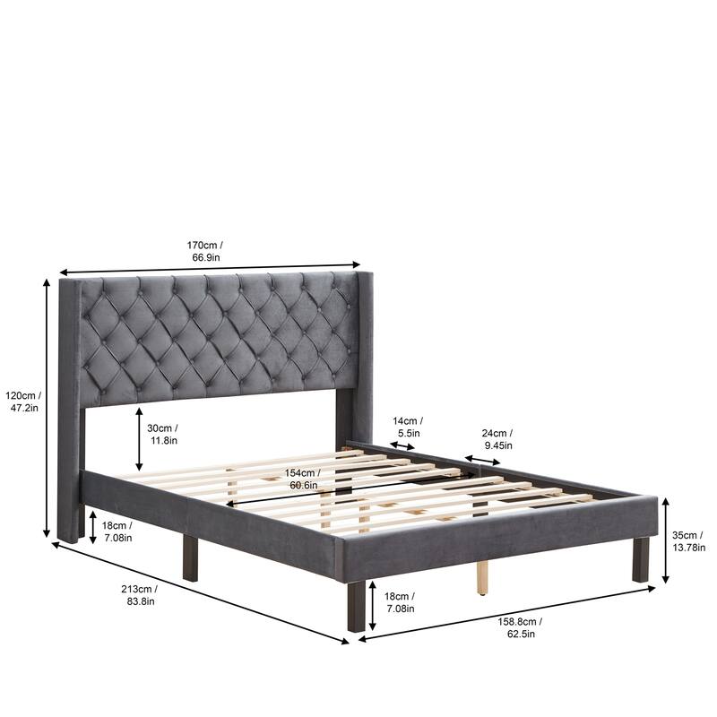 Velvet Button Tufted-Upholstered Bed with Wings Design