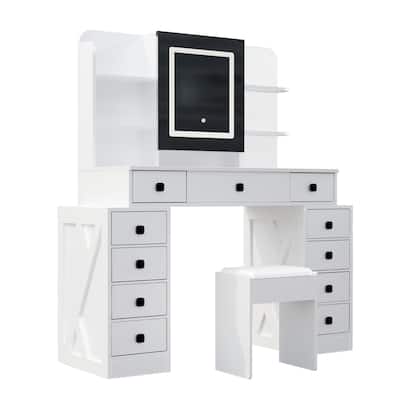 Vanity Desk with Sliding Mirror, LED Light, & Ample Storage