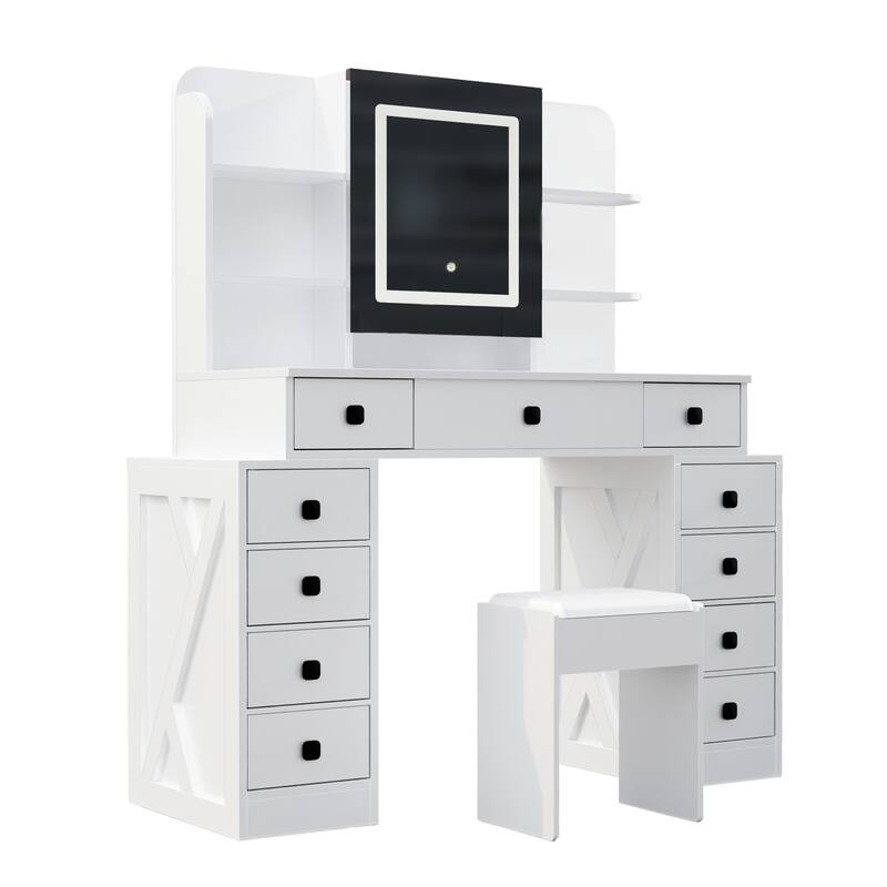 White Makeup Vanity Desk with Stool and Charging Station, 11 Drawers Dressing Table with Sliding LED Mirror