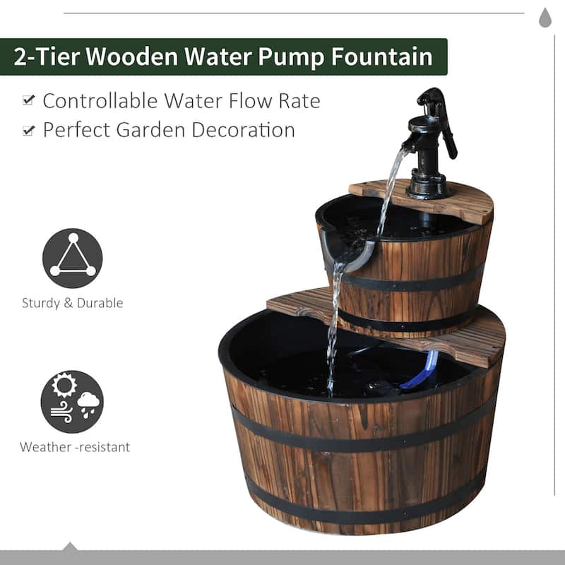 Outsunny Accent Two-Tier Rustic Wooden Barrel Fountain