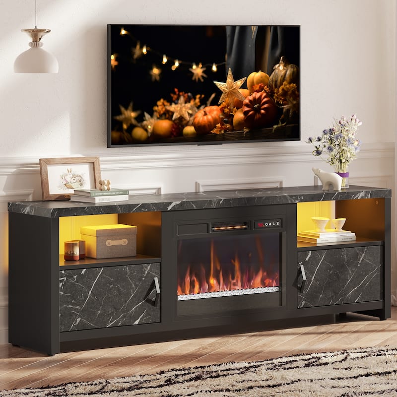 70" Fireplace TV Stand with LED lights Entertainment Center - 71 inch - Black Marble