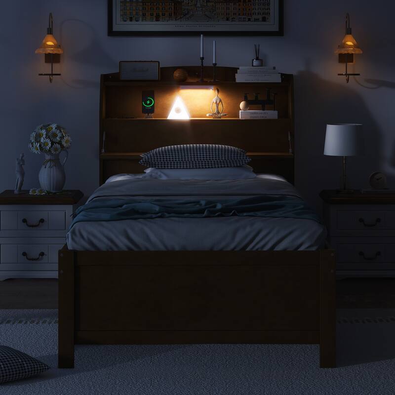 Innovative Twin Size Wooden Platform Bed with Multiple Storage Options