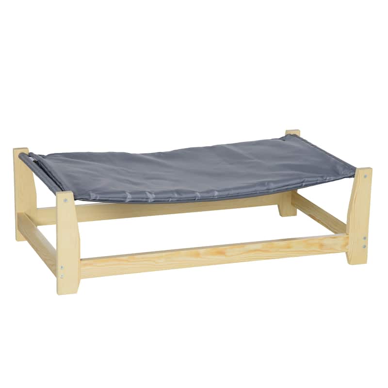 PawHut Raised Pet Bed Wooden Frame Dog Cot with Washable Cushion for Small Medium Sized Dogs Indoor Outdoor - Grey