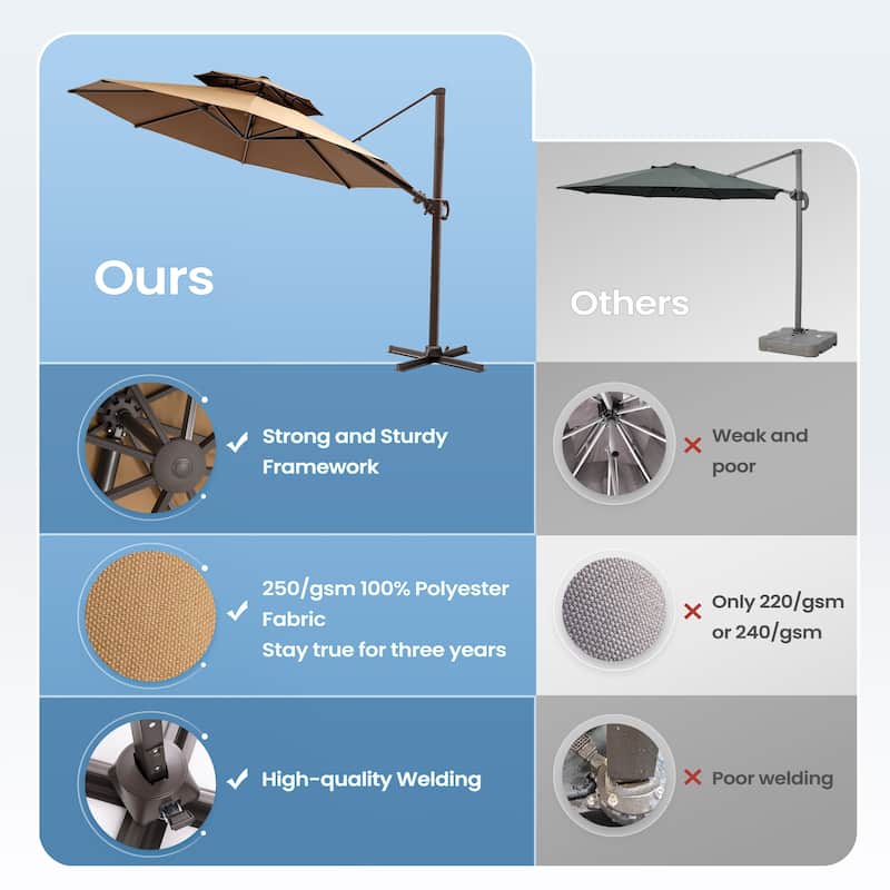 11 ft Outdoor Aluminum Dual Top Solar Powered LED Lighted Patio Cantilever Umbrella and Weighted Base