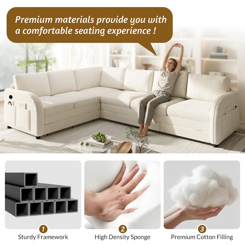 Homy Casa 85"/115" L-Shaped Sectional Sofa Bed USB & Side Pocket, Teddy Fabric Pull-Out Sleeper, Reversible Chaise, Multi Colors