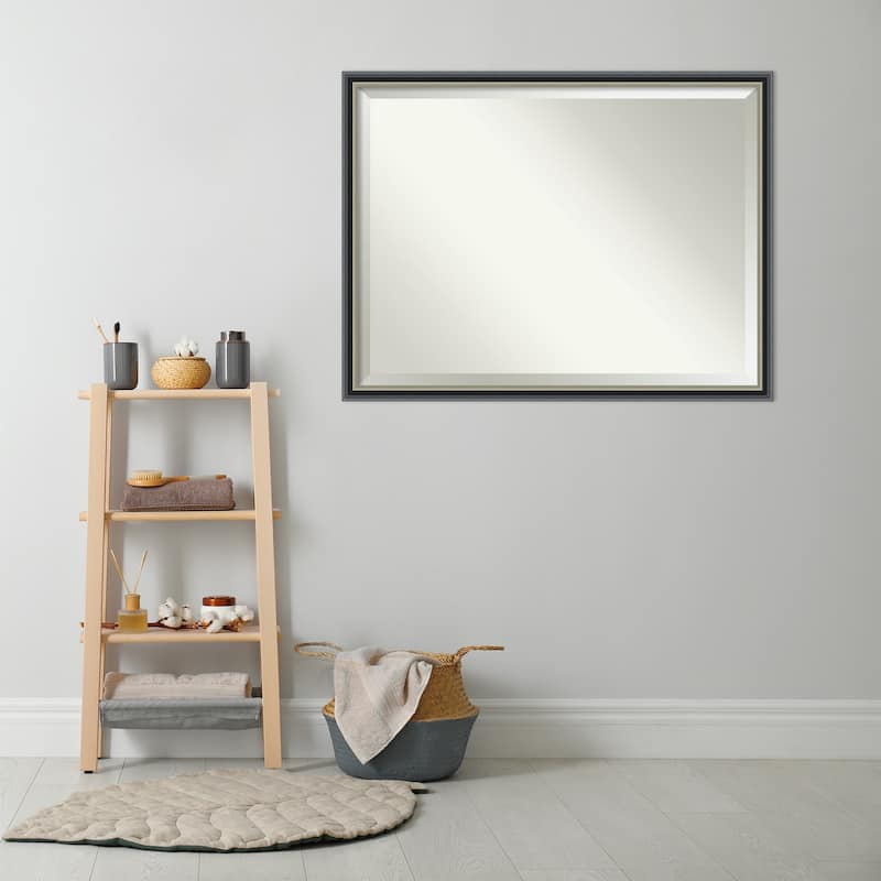Theo Black Silver Beveled Wood Framed Bathroom Vanity Wall Mirror - Theo Black Silver