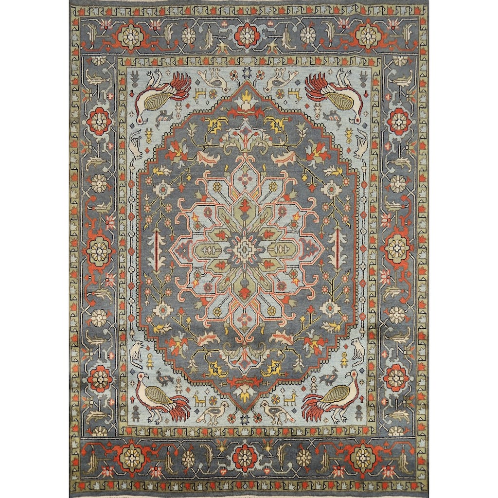 Slate Medallion Heriz Serapi Indian Area Rug Hand-Knotted Wool Carpet - 8'0" x 9'9"