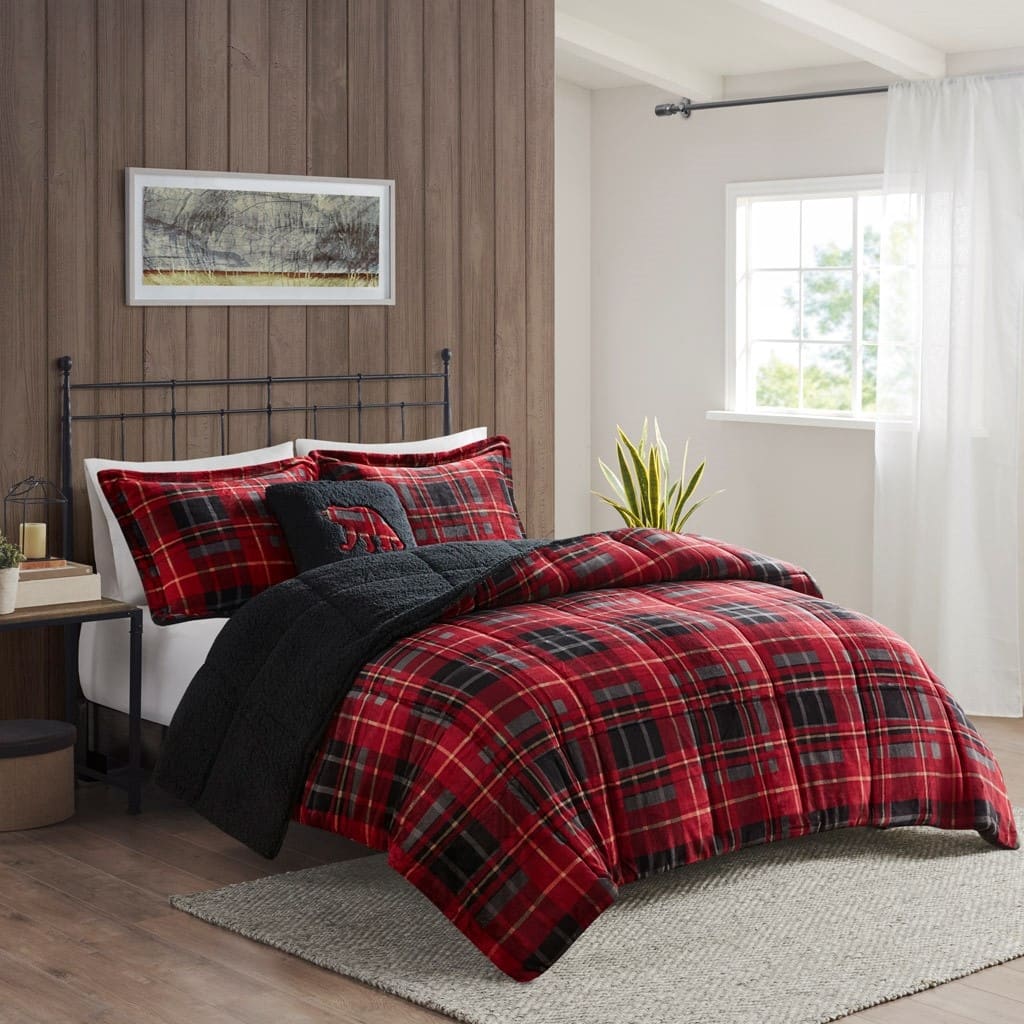 GDF Studio - Alton Plush to Sherpa Down Alternative Comforter Set - Red Plaid